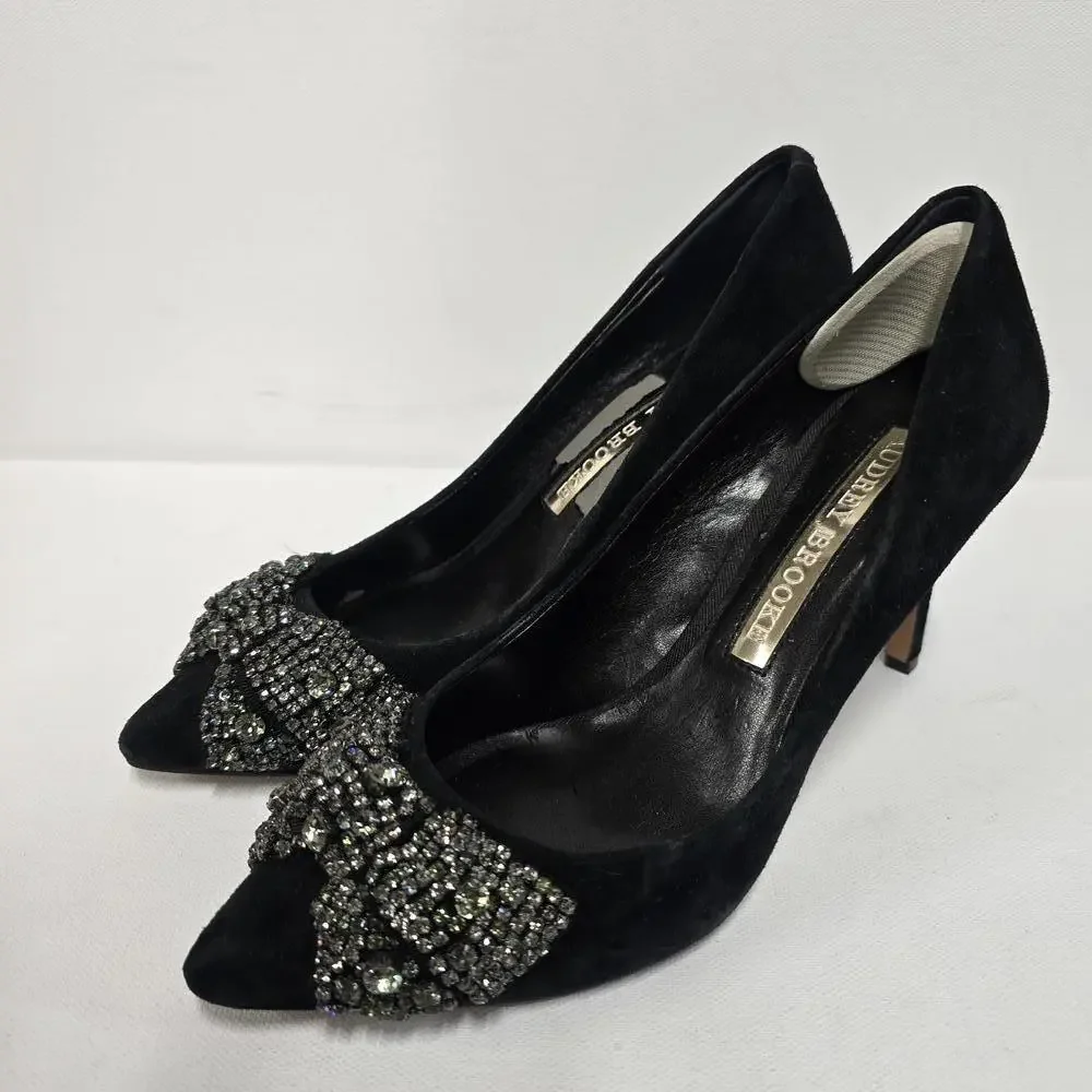 Audrey Brooke‎ Black Suede Heels with Bejeweled Bow 6M - Picture 2 of 7